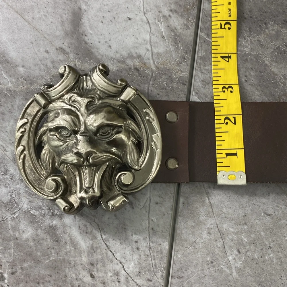 Vintage J.S.S. Elche Belt Face Brown Silver Leather‎ Large Metal Buckle Dragon